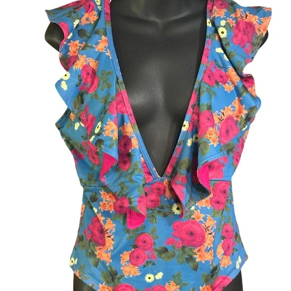 one-piece floral print swimsuit in multicolor deep V-neck ruffle trim med - Picture 3 of 12